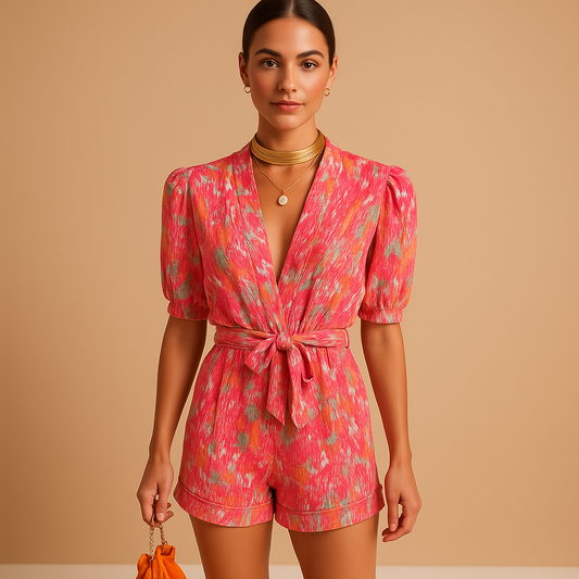 Short summer romper for women in vibrant pink and purple print with flattering belted waist, ideal for warm weather and casual outings.