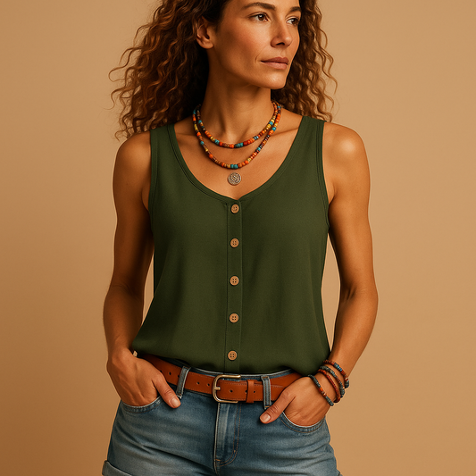 Sleeveless V-neck summer top for women in bright colors with a loose fit and side pockets, perfect for casual sunny days.