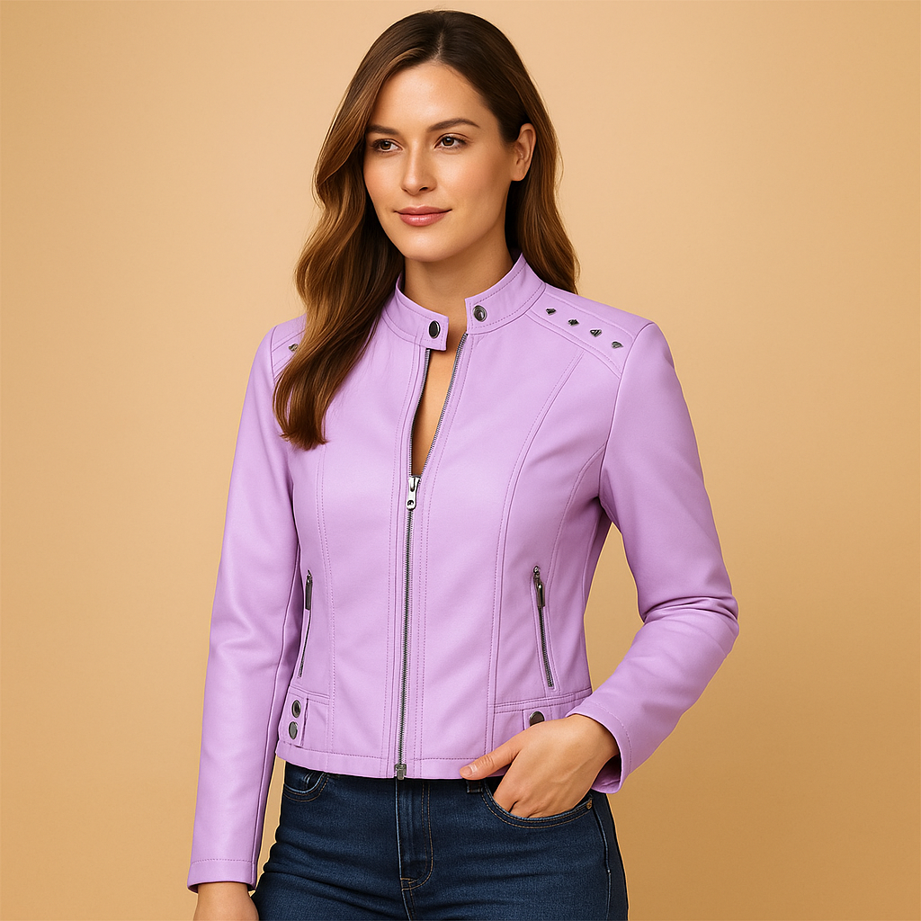 Structured biker jacket for women with tailored fit, metal accents, standing collar, and zippered pockets, perfect for daily wear and city outfits.