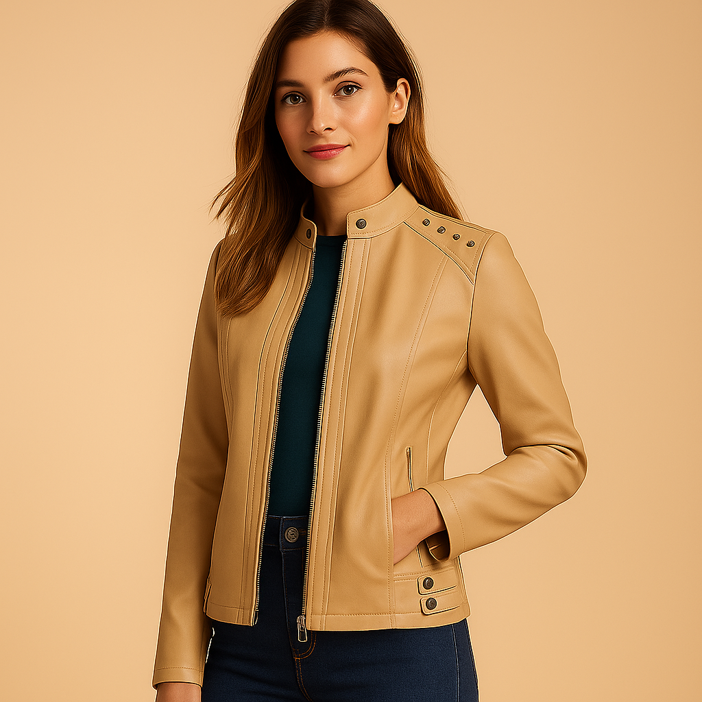 Structured biker jacket for women with tailored fit, metal accents, standing collar, and zippered pockets, perfect for daily wear and city outfits.