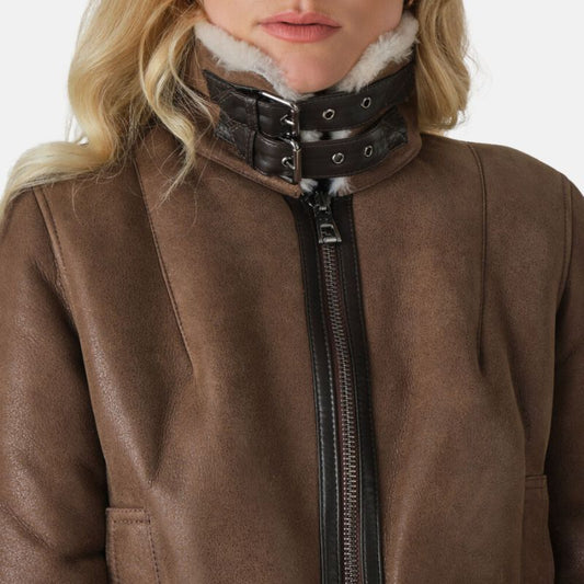 Women’s Aviator-Style Brown Leather Jacket