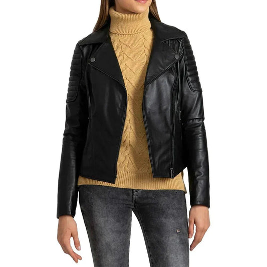 Women’s Quilted Black Leather Motorcycle Jacket