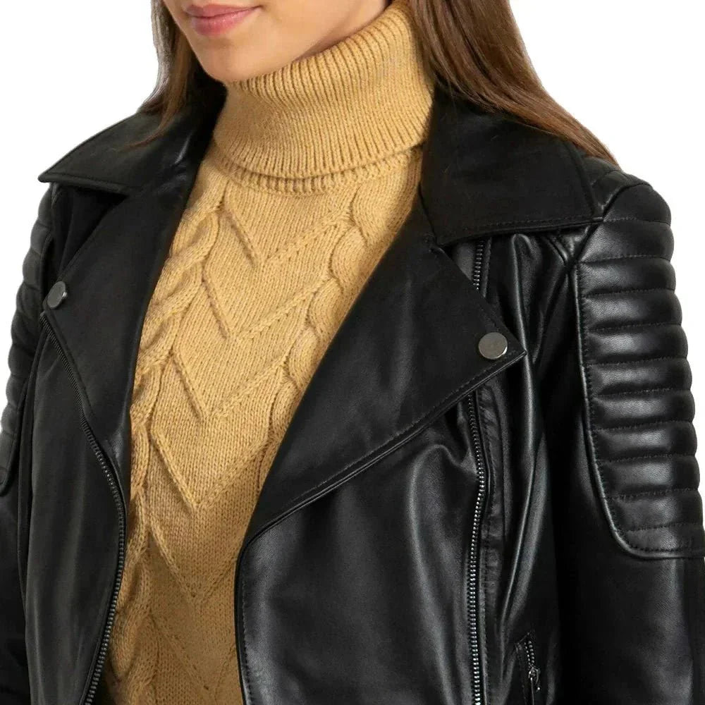 Women’s Quilted Black Leather Motorcycle Jacket