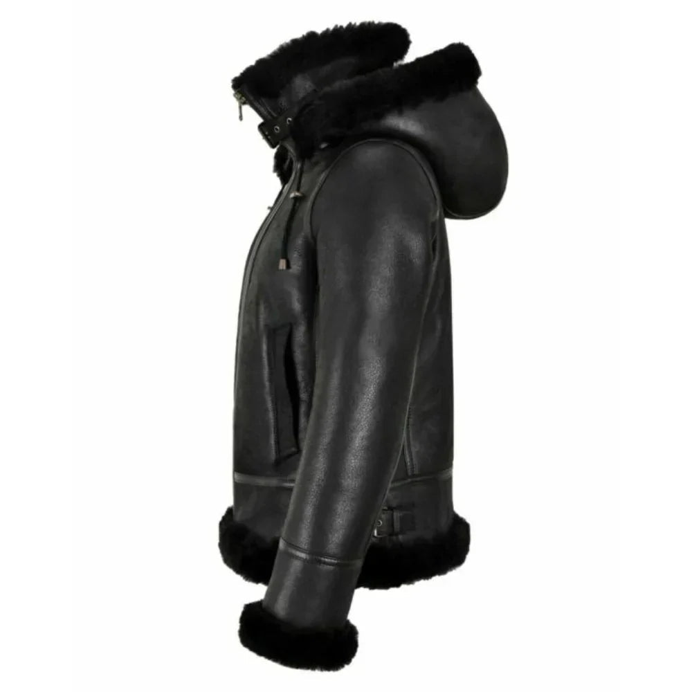 Womens Shearling Hooded Leather Aviator Jacket