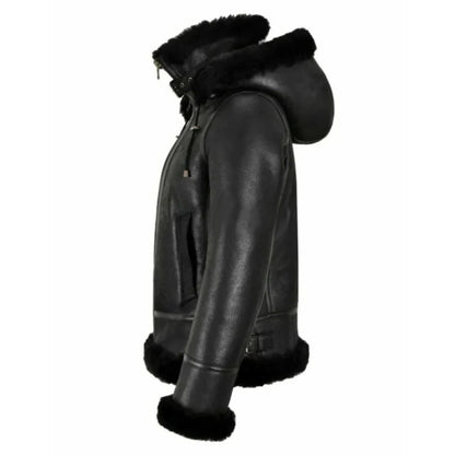 Womens Shearling Hooded Leather Aviator Jacket