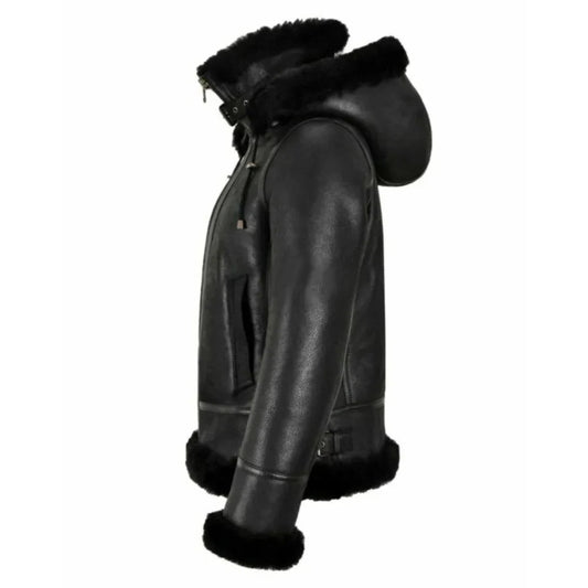Womens Shearling Hooded Leather Aviator Jacket