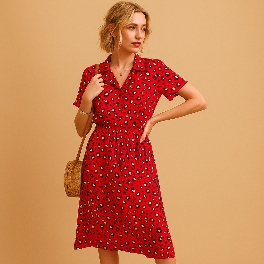 A-line midi dress for women with V-neck, short sleeves, and button details, perfect for casual outings, summer events, and stylish daytime looks.