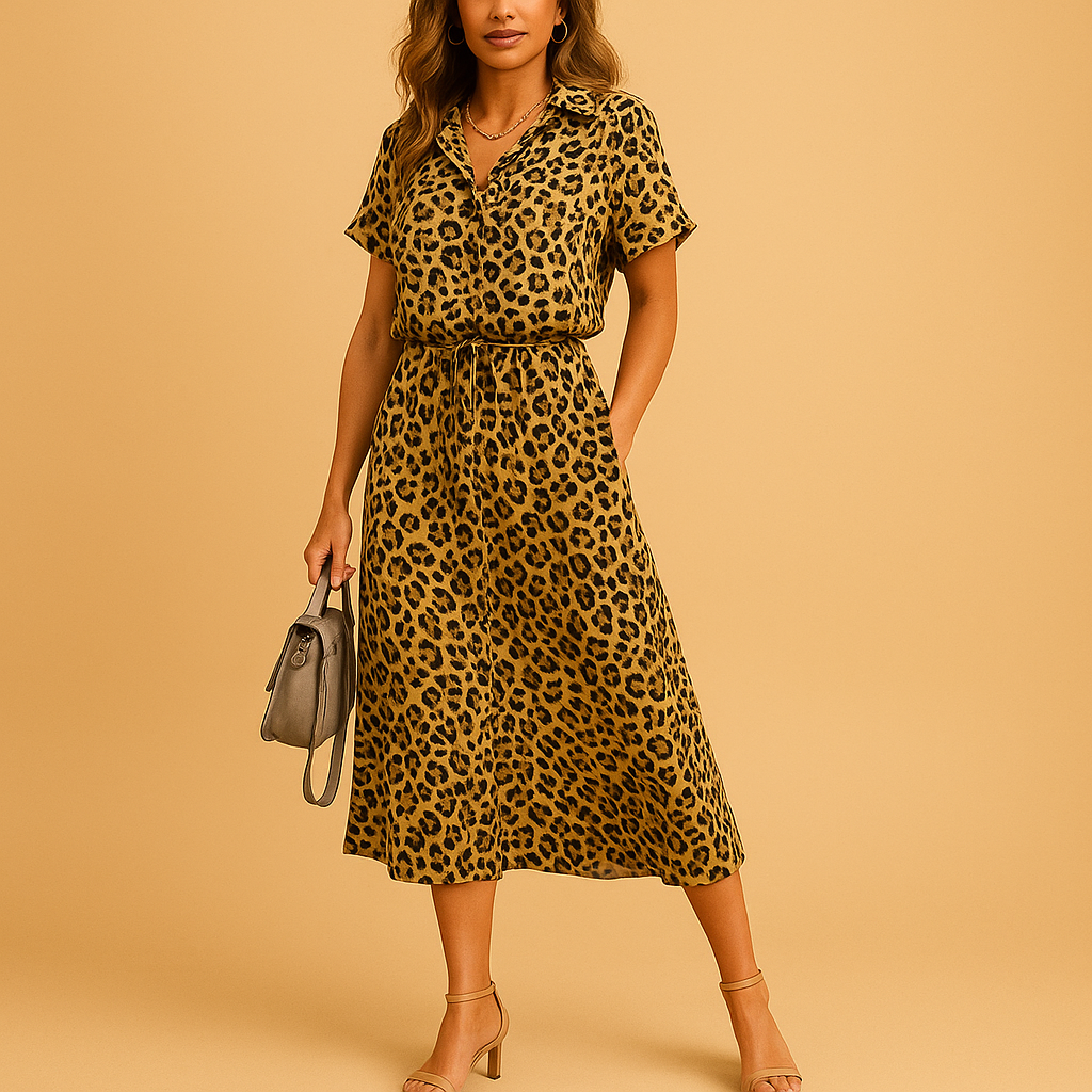 A-line midi dress for women with V-neck, short sleeves, and button details, perfect for casual outings, summer events, and stylish daytime looks.