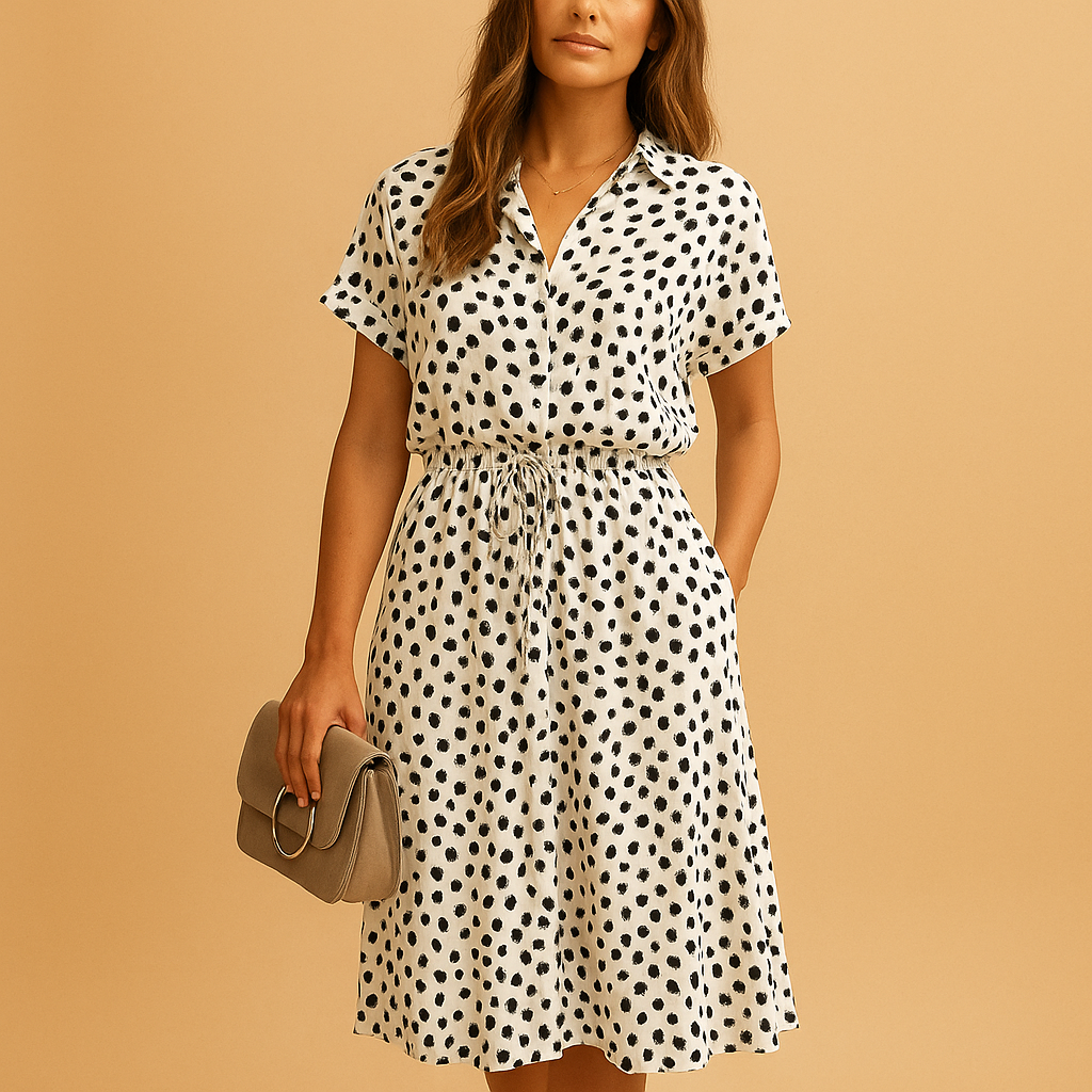 A-line midi dress for women with V-neck, short sleeves, and button details, perfect for casual outings, summer events, and stylish daytime looks.