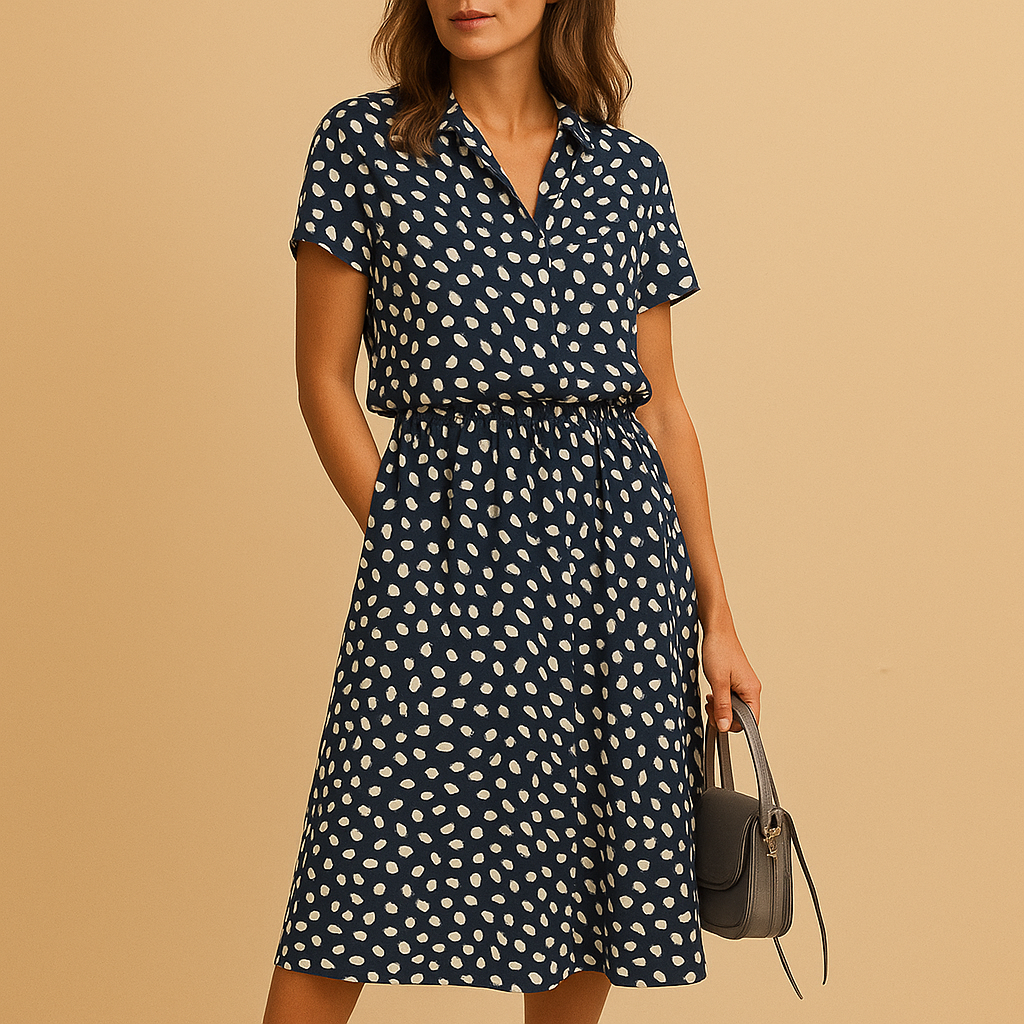 A-line midi dress for women with V-neck, short sleeves, and button details, perfect for casual outings, summer events, and stylish daytime looks.