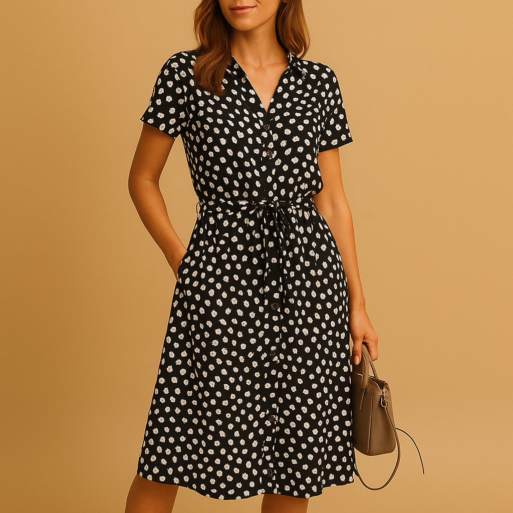 A-line midi dress for women with V-neck, short sleeves, and button details, perfect for casual outings, summer events, and stylish daytime looks.