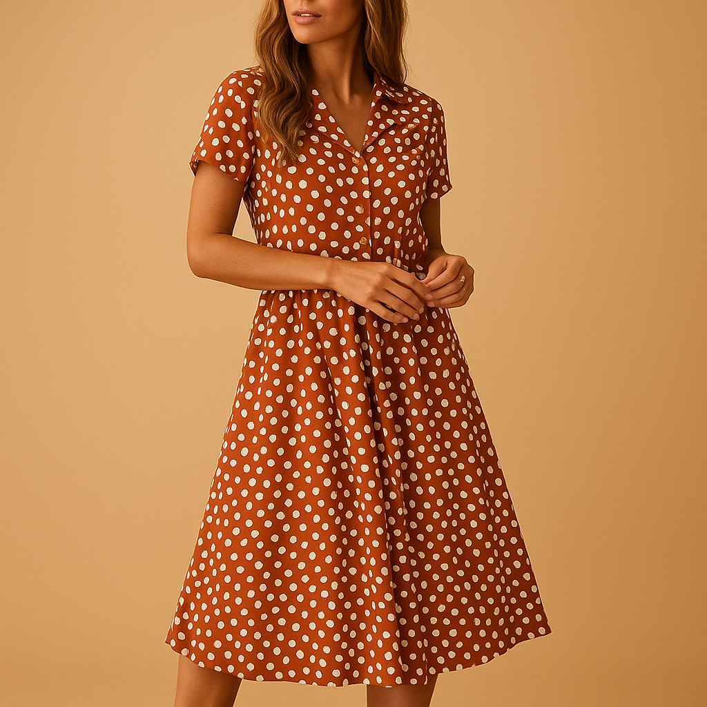 A-line midi dress for women with V-neck, short sleeves, and button details, perfect for casual outings, summer events, and stylish daytime looks.
