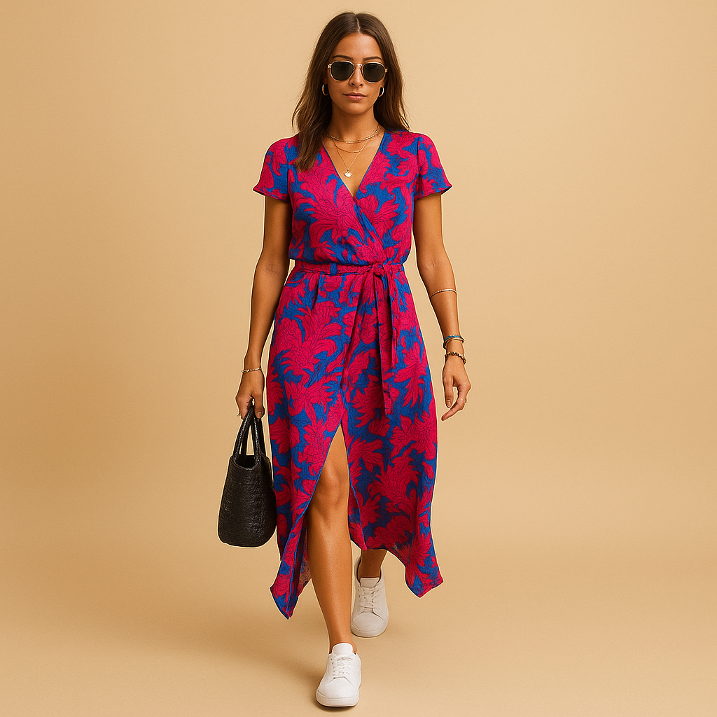 A-line summer dress for women with V-neck, puff sleeves, and button details, perfect for casual outings, summer events, and relaxed chic occasions.