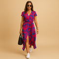 A-line summer dress for women with V-neck, puff sleeves, and button details, perfect for casual outings, summer events, and relaxed chic occasions.