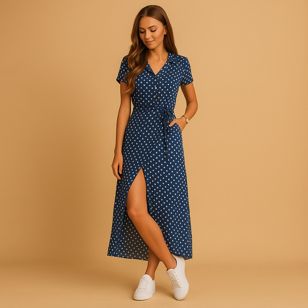 A-line summer dress for women with V-neck, puff sleeves, and button details, perfect for casual outings, summer events, and relaxed chic occasions.