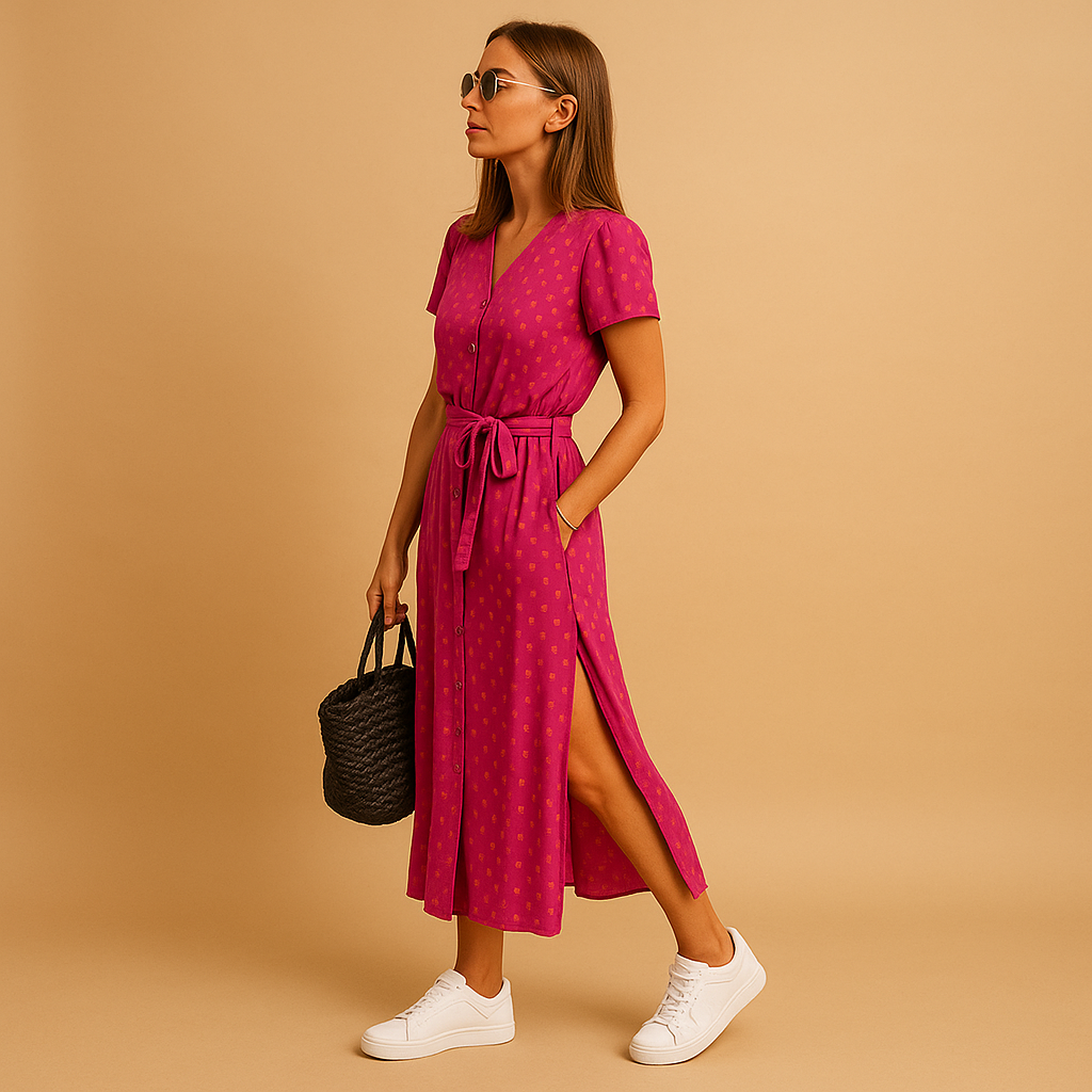 A-line summer dress for women with V-neck, puff sleeves, and button details, perfect for casual outings, summer events, and relaxed chic occasions.