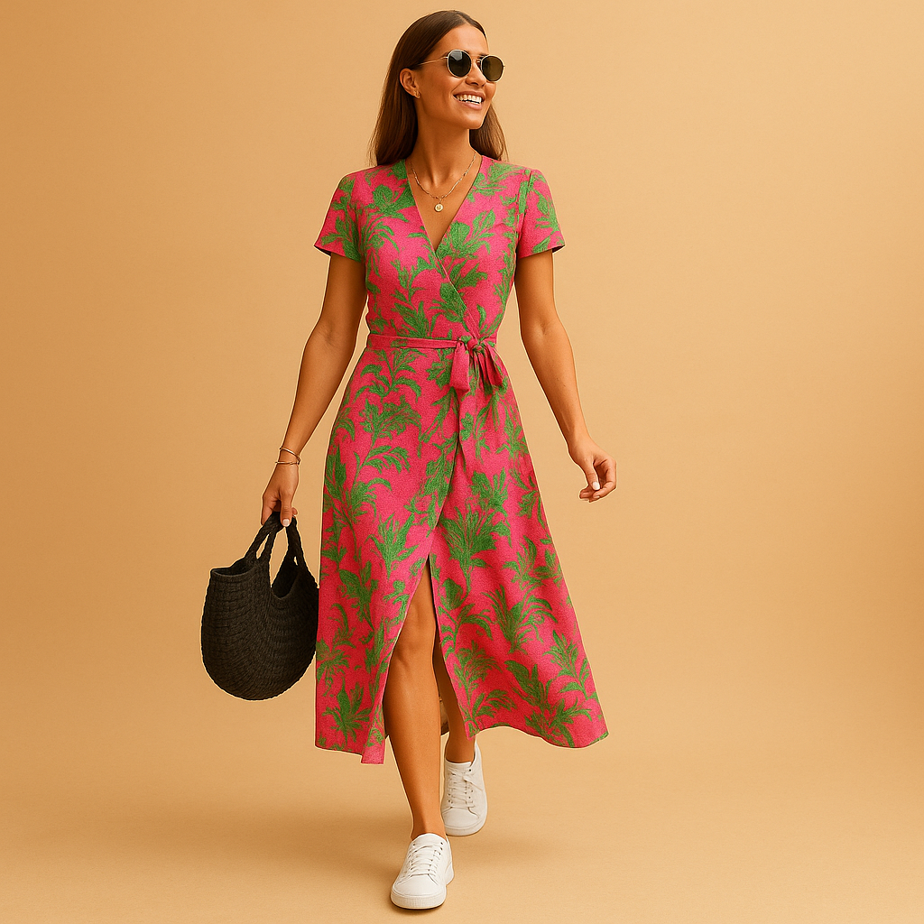 A-line summer dress for women with V-neck, puff sleeves, and button details, perfect for casual outings, summer events, and relaxed chic occasions.