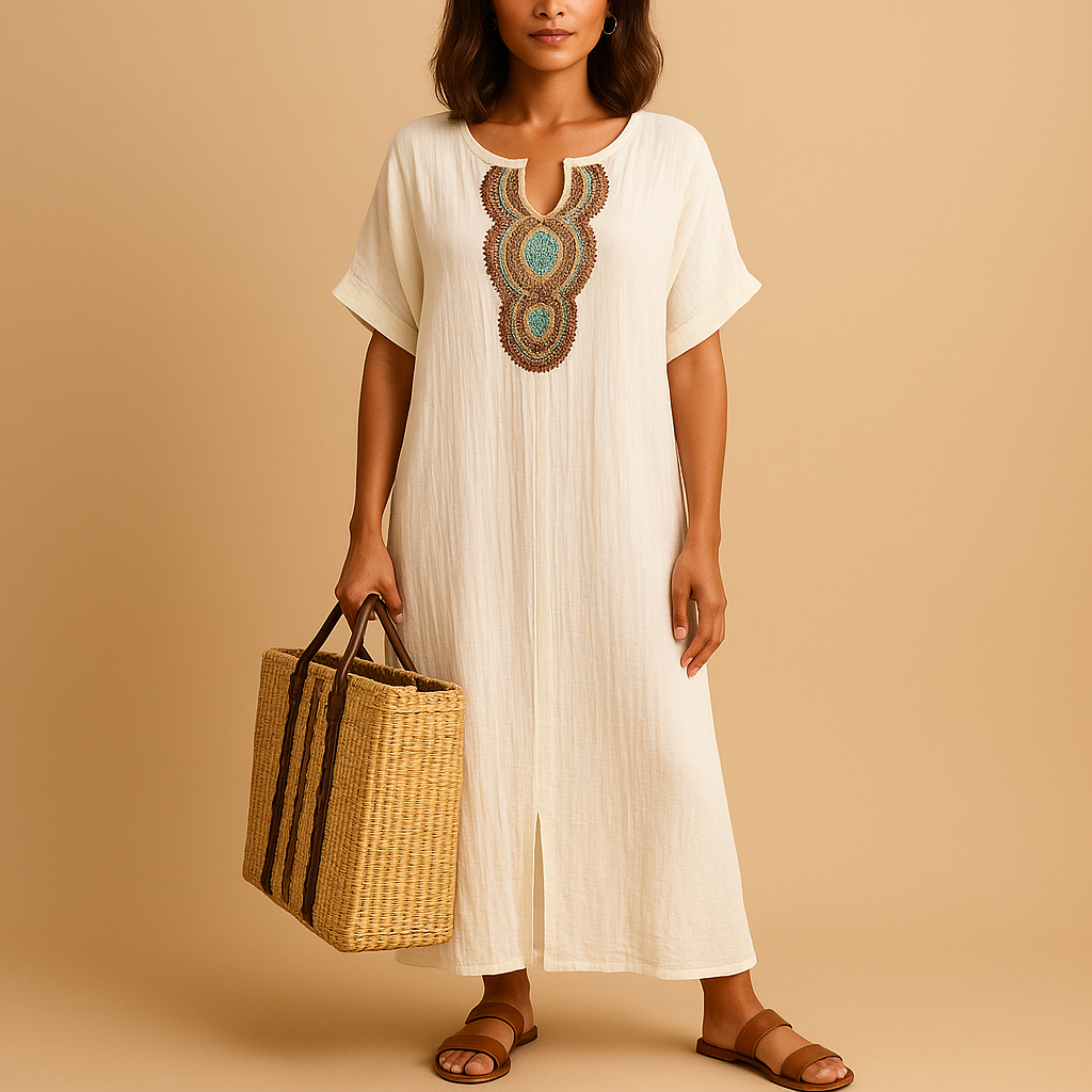 Airy kaftan summer dress for women with a loose flowing silhouette, ideal for beach days, holidays, and warm weather occasions.