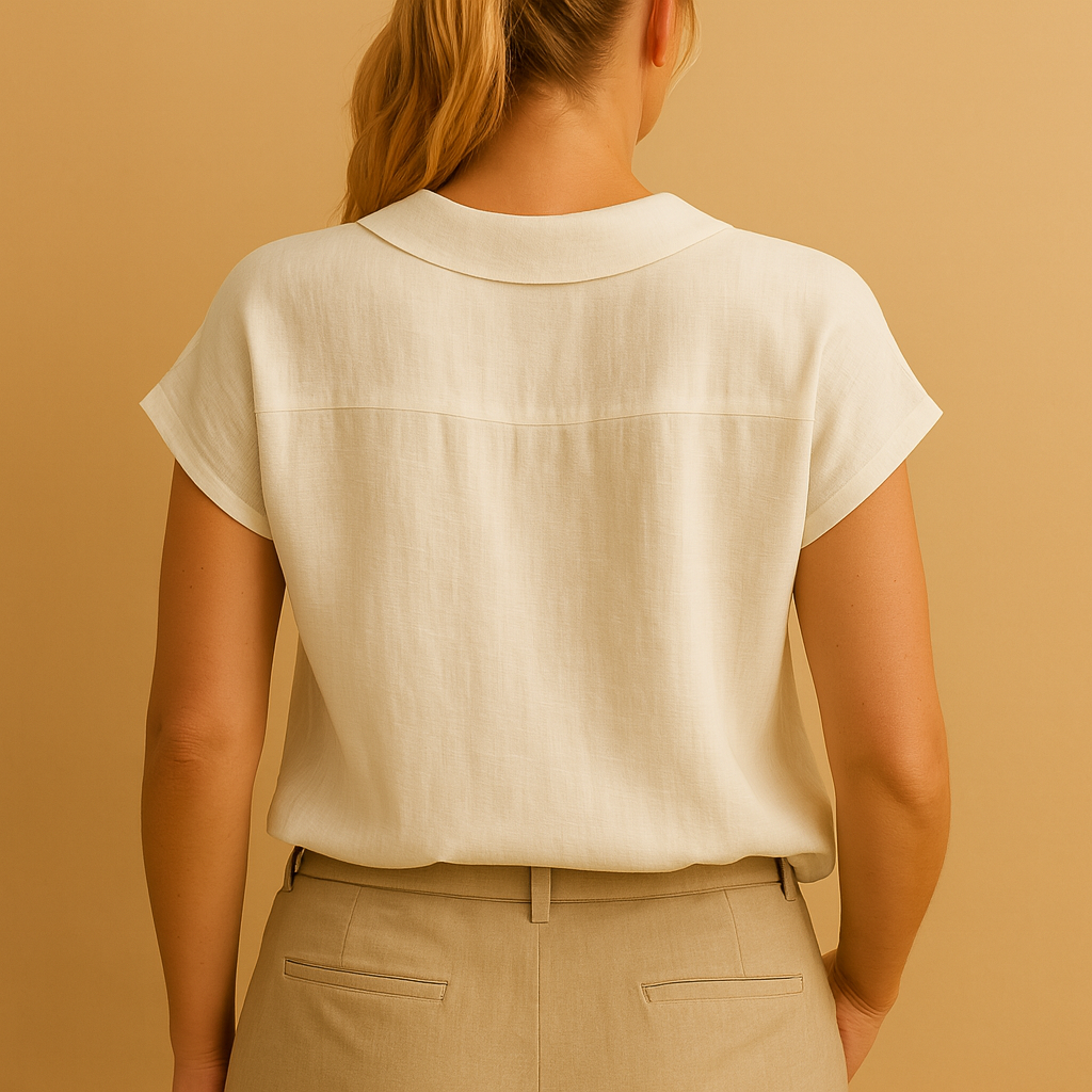 Women’s airy round-neck blouse with button closure, ideal for summer days, vacations, and relaxed casual outfits.
