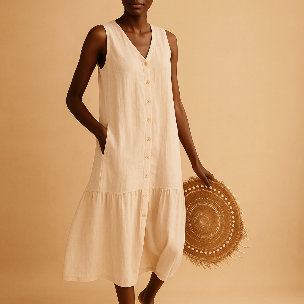 Airy V-neck summer dress for women with a flowing timeless silhouette, ideal for beach days, vacations, brunches, and summer evenings.