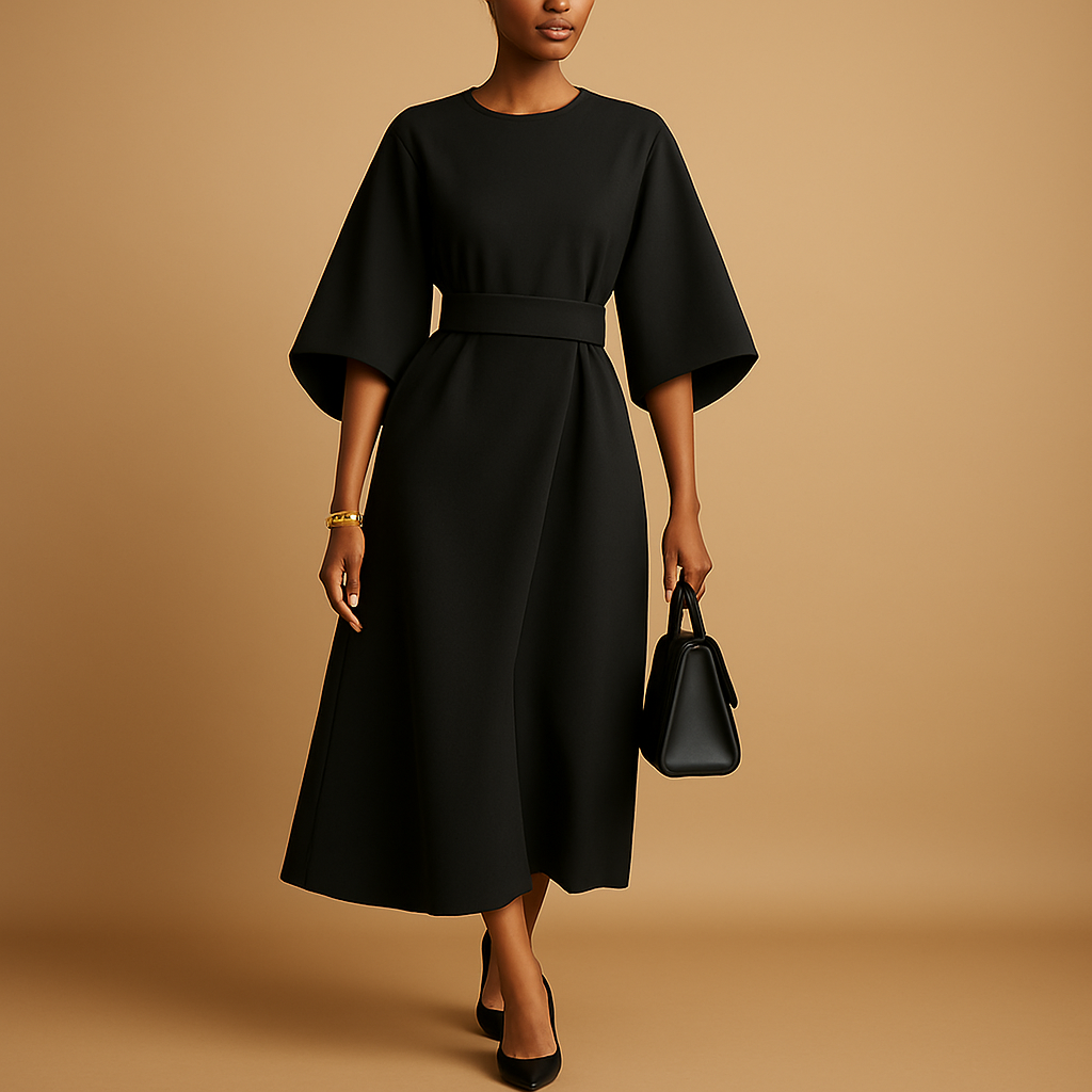 Women’s A-line midi dress with waist belt and wide sleeves, ideal for office wear, chic dinners, and semi-formal occasions.