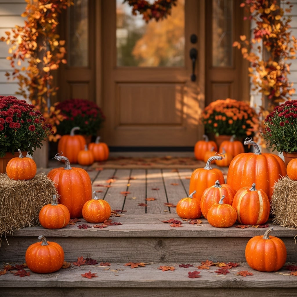 Artificial Pumpkins with Stems Set of 7 Assorted Sizes Autumn Decorative Décor - Image 1