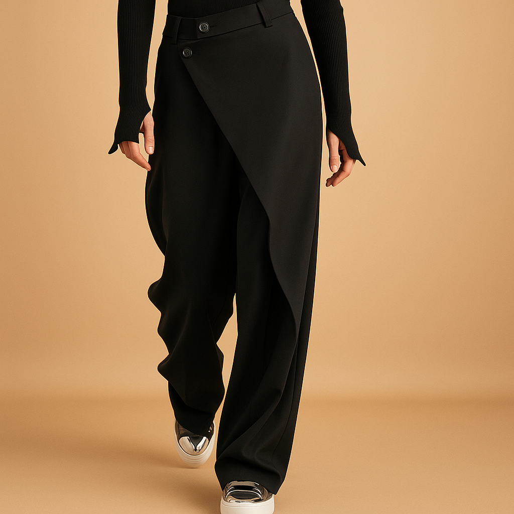 Asymmetrical baggy trousers for women with a loose modern silhouette and double button closure, ideal for casual streetwear and stylish everyday outfits.
