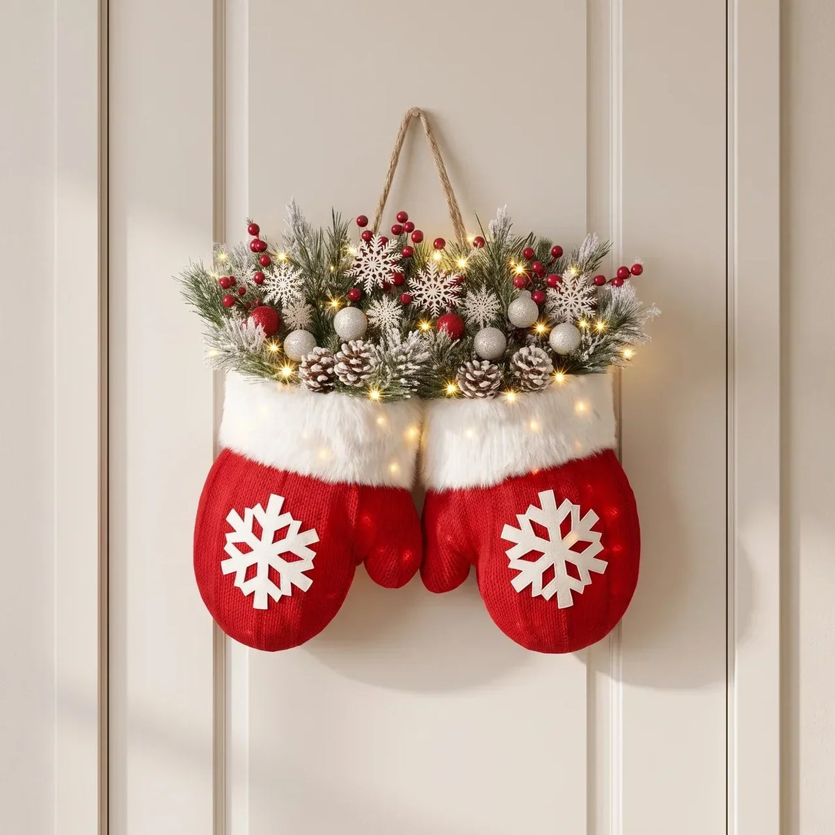 Battery Operated Christmas Lights Mitten-Shaped Door Hanger with LED Warm White and Faux Greenery - Image 1