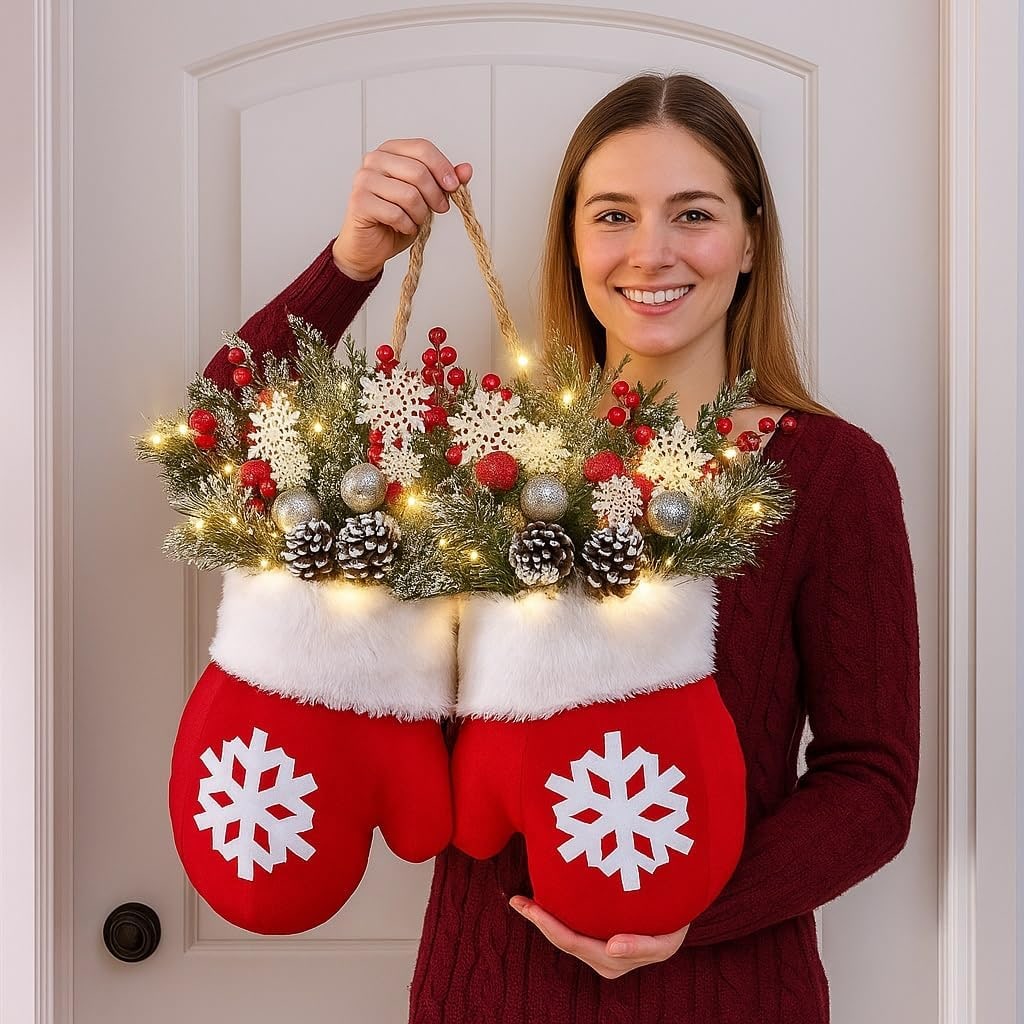 Battery Operated Christmas Lights Mitten-Shaped Door Hanger with LED Warm White and Faux Greenery - Image 2
