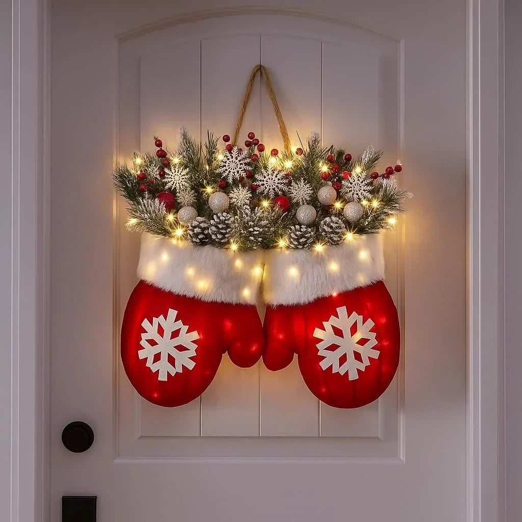 Battery Operated Christmas Lights Mitten-Shaped Door Hanger with LED Warm White and Faux Greenery - Image 3