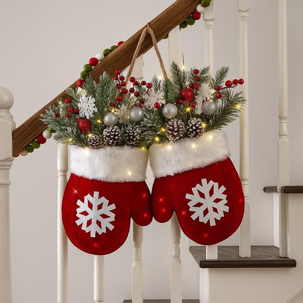 Battery Operated Christmas Lights Mitten-Shaped Door Hanger with LED Warm White and Faux Greenery - Image 5
