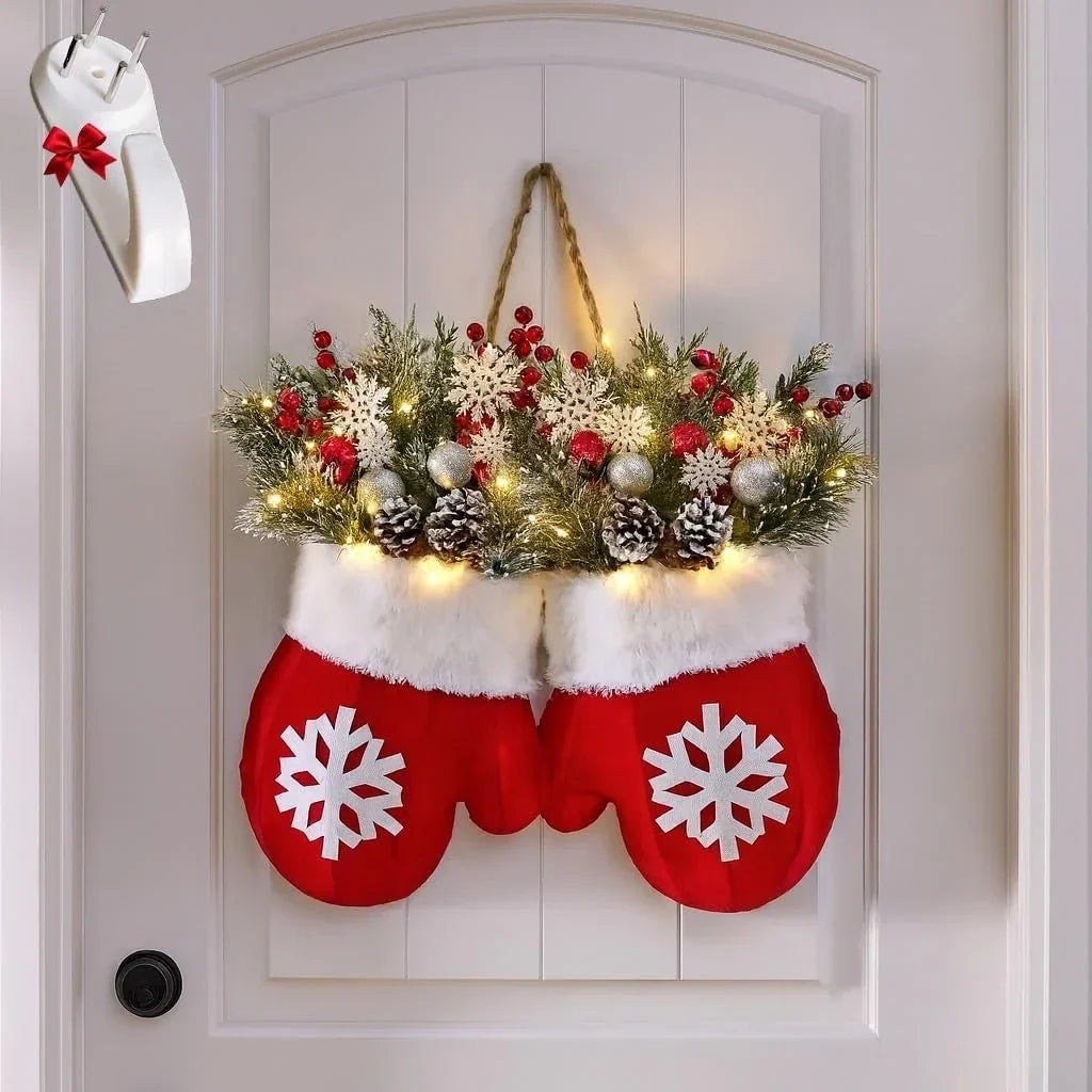 Battery Operated Christmas Lights Mitten-Shaped Door Hanger with LED Warm White and Faux Greenery - Image 6