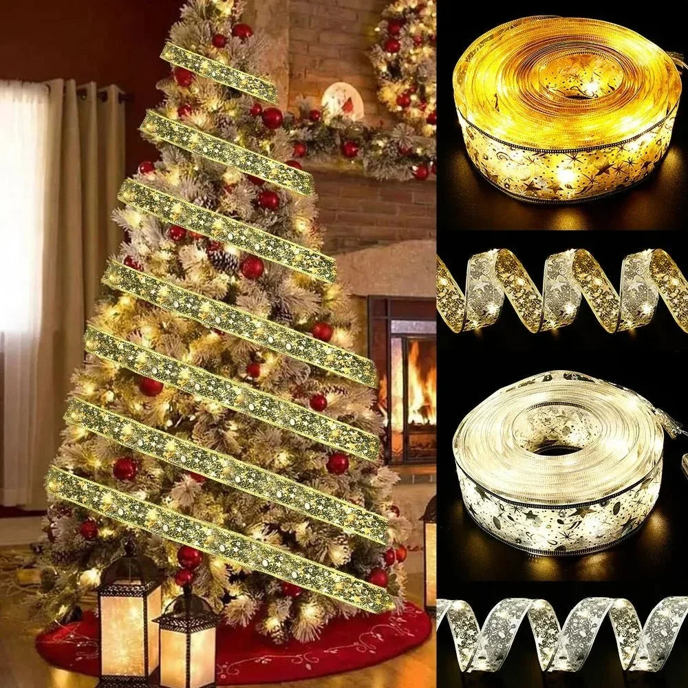 Battery-Operated Christmas Ribbon Bows with LED Fairy Lights and Wired Edges - Image 1