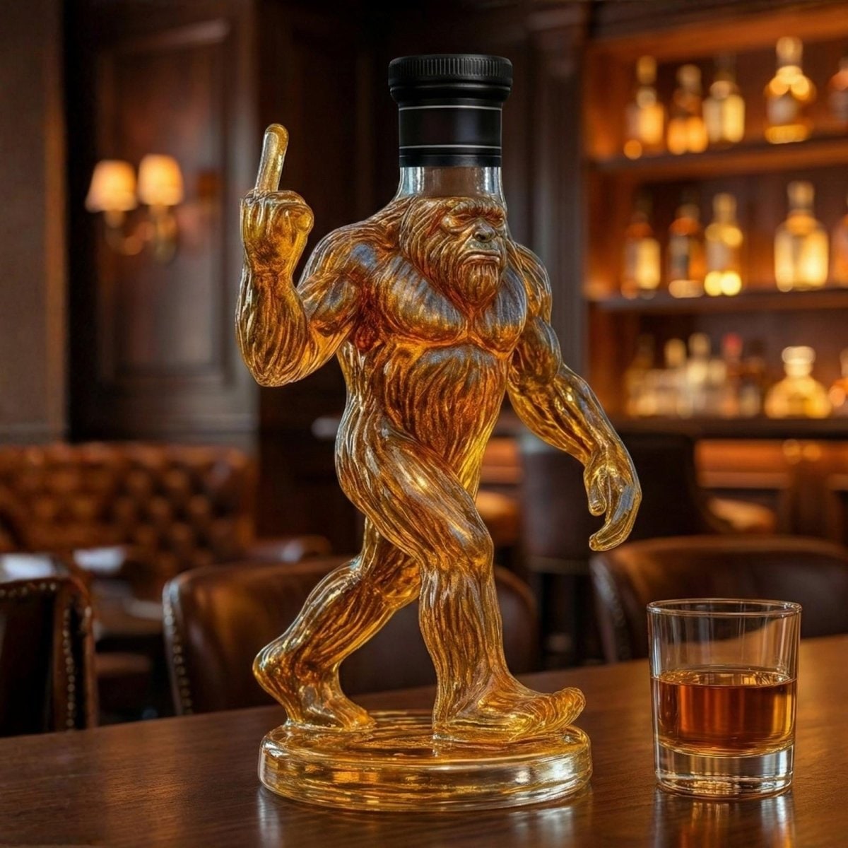 Bigfoot Whiskey Decanter with Novelty Glass Bottle and Black Stopper Cap - Image 1