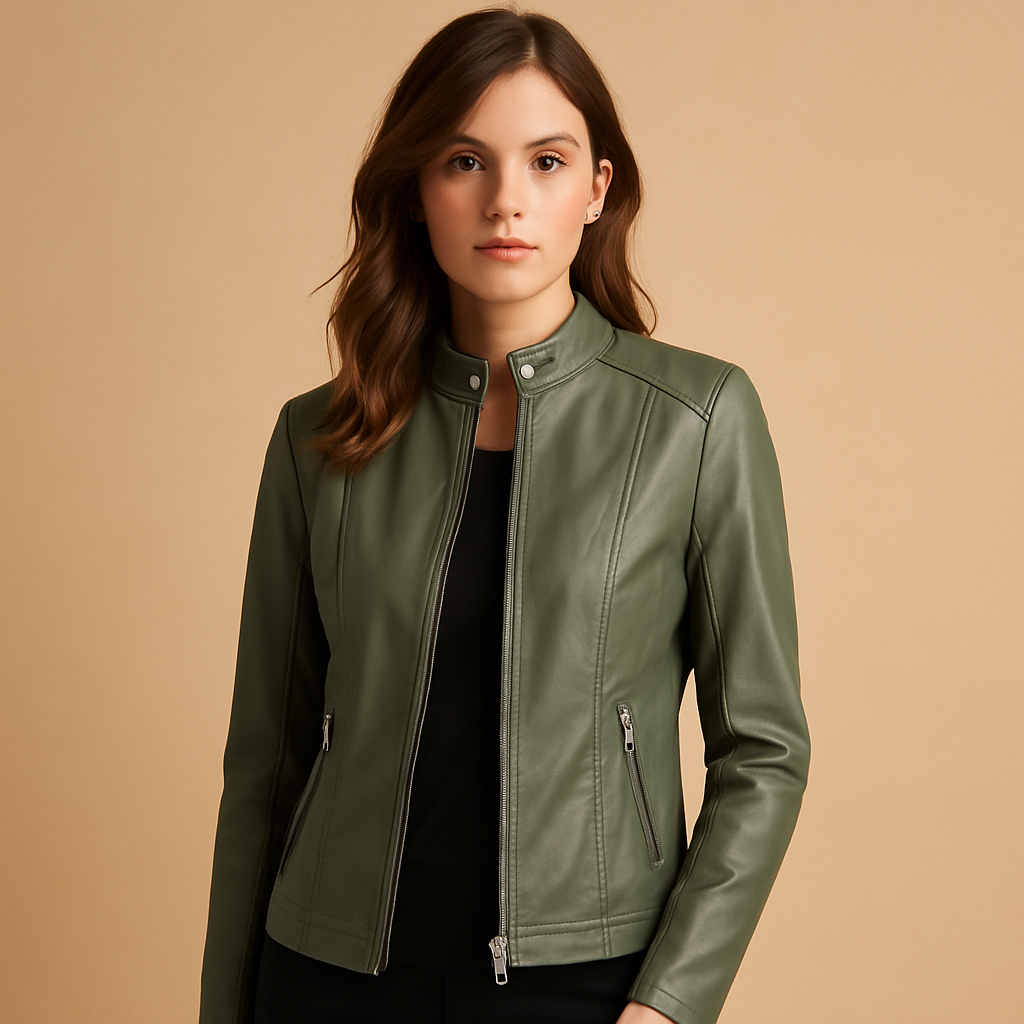 Woman wearing a biker style jacket for women with a sleek silhouette, symmetric zipper, and silver hardware, styled for casual and elegant looks.