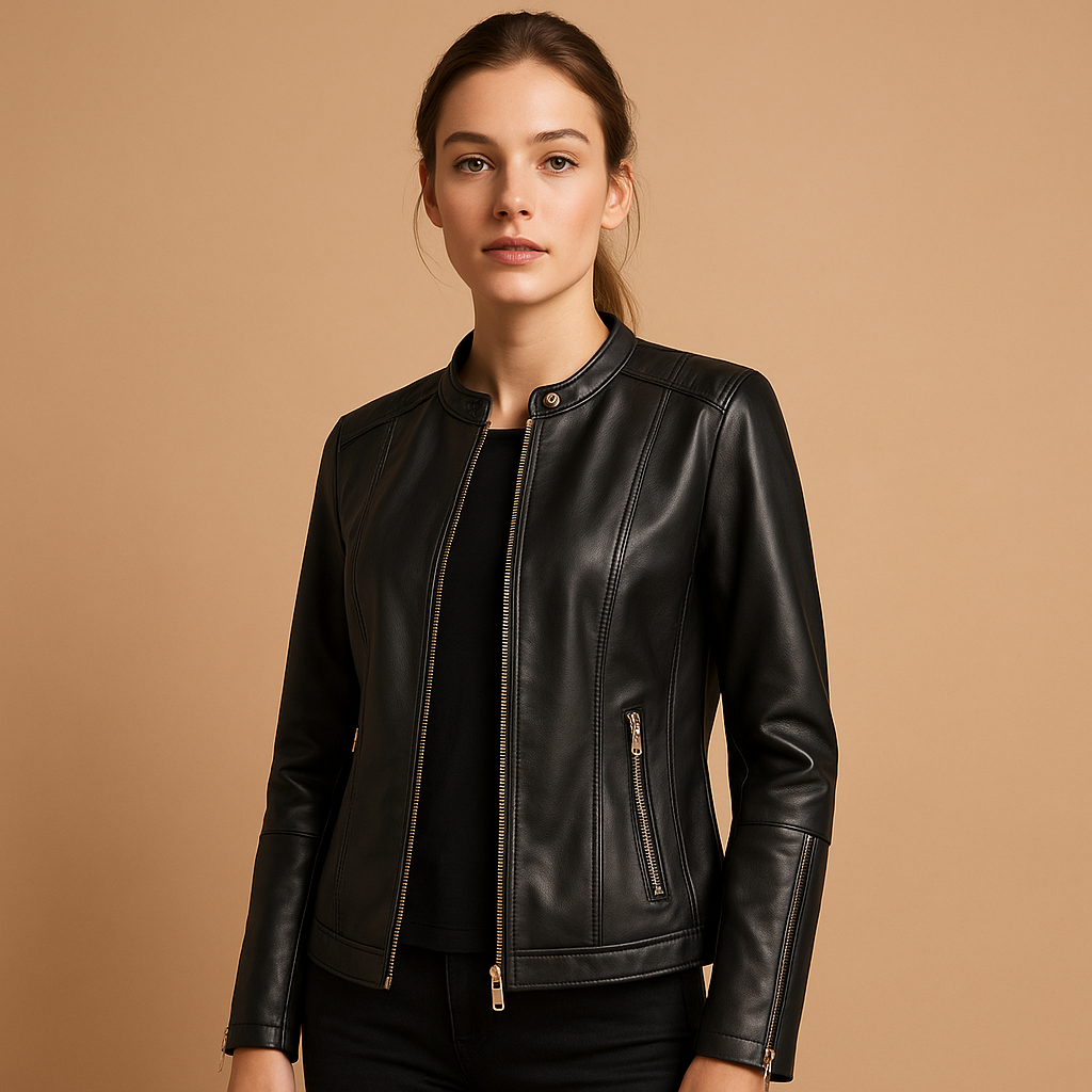 Woman wearing a biker style jacket for women with a tailored fit, symmetric zipper, and metal accents, styled for casual and evening outfits.