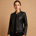 Woman wearing a biker style jacket for women with a tailored fit, symmetric zipper, and metal accents, styled for casual and evening outfits.