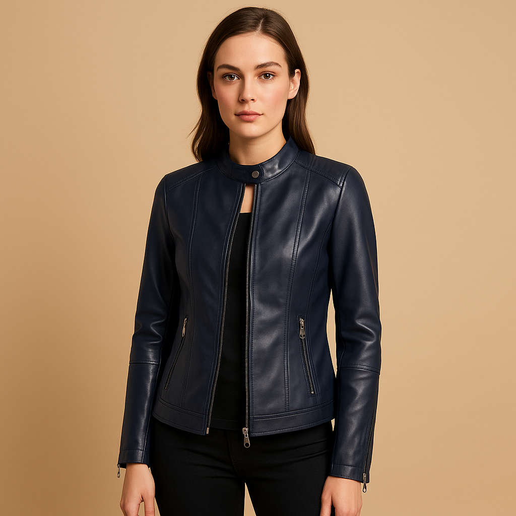 Woman wearing a biker style jacket for women with a tailored fit, symmetric zipper, and metal accents, styled for casual and evening outfits.