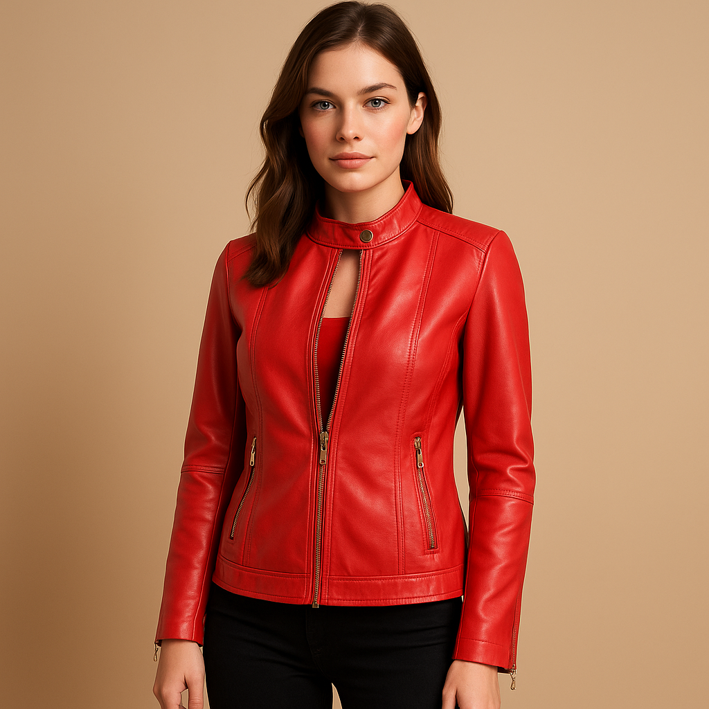 Woman wearing a biker style jacket for women with a tailored fit, symmetric zipper, and metal accents, styled for casual and evening outfits.
