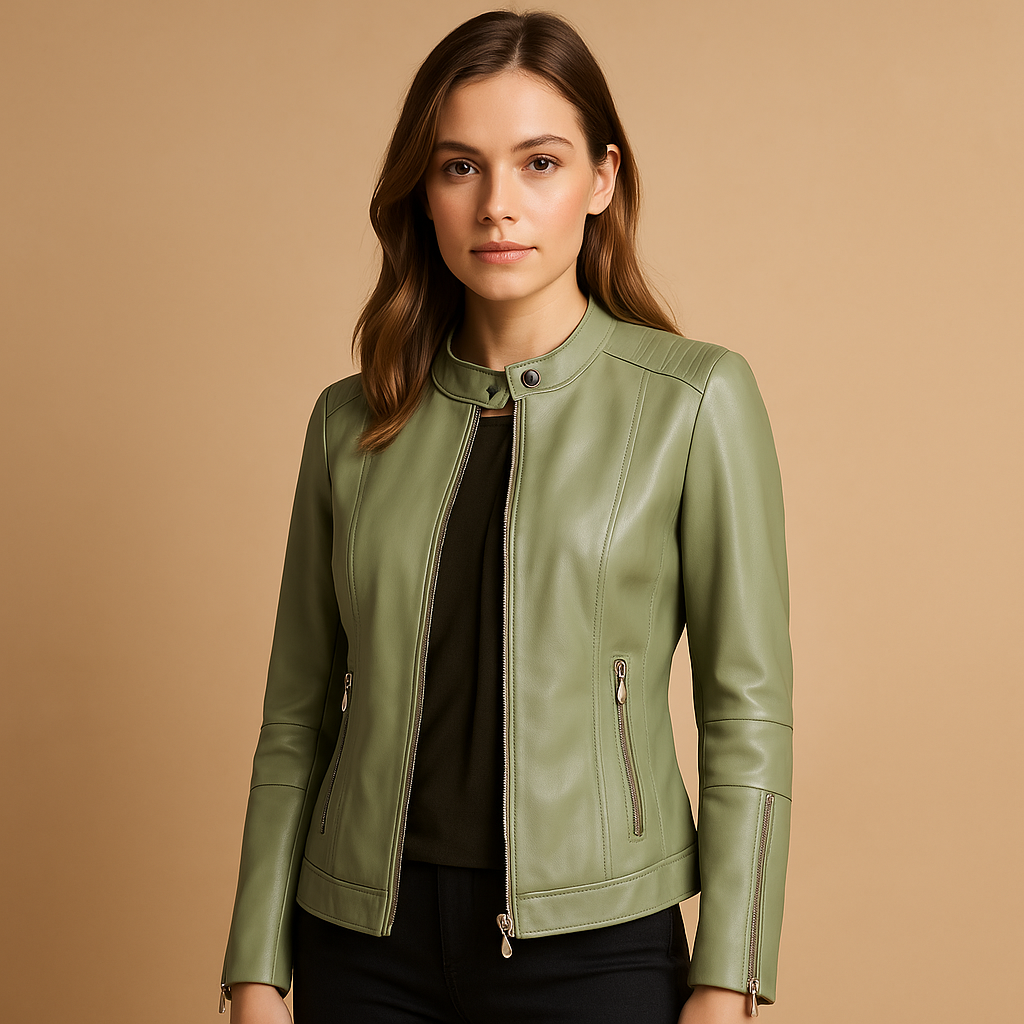 Woman wearing a biker style jacket for women with a tailored fit, symmetric zipper, and metal accents, styled for casual and evening outfits.