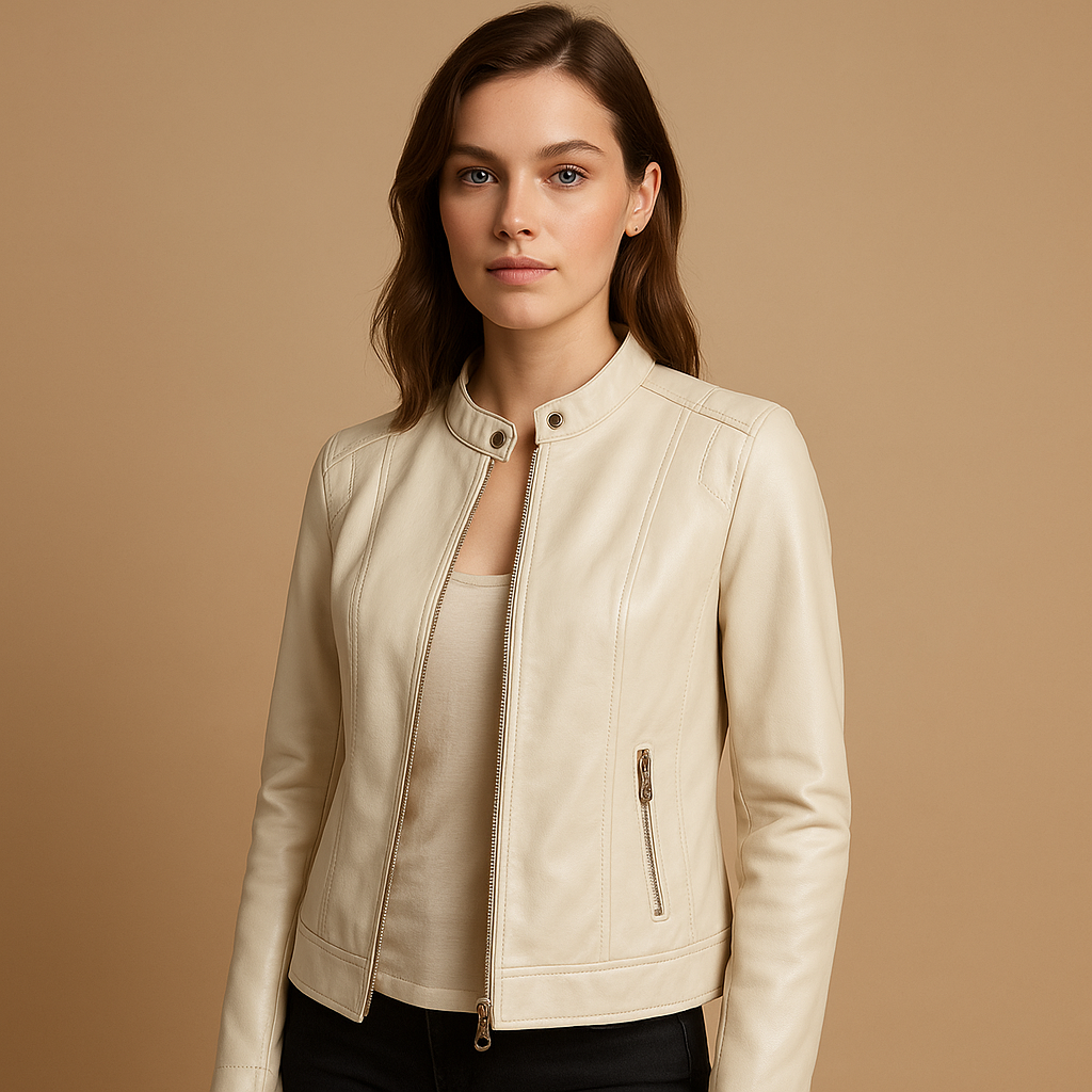 Woman wearing a biker style jacket for women with a tailored fit, symmetric zipper, and metal accents, styled for casual and evening outfits.