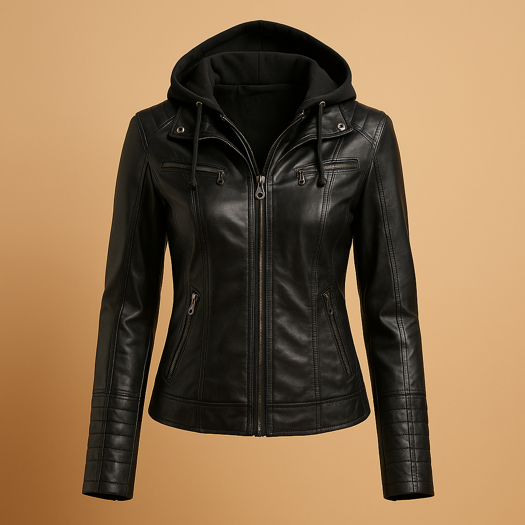 Woman wearing a biker style jacket for women with a tailored fit and zipper closure, styled with jeans and layered over a dress.