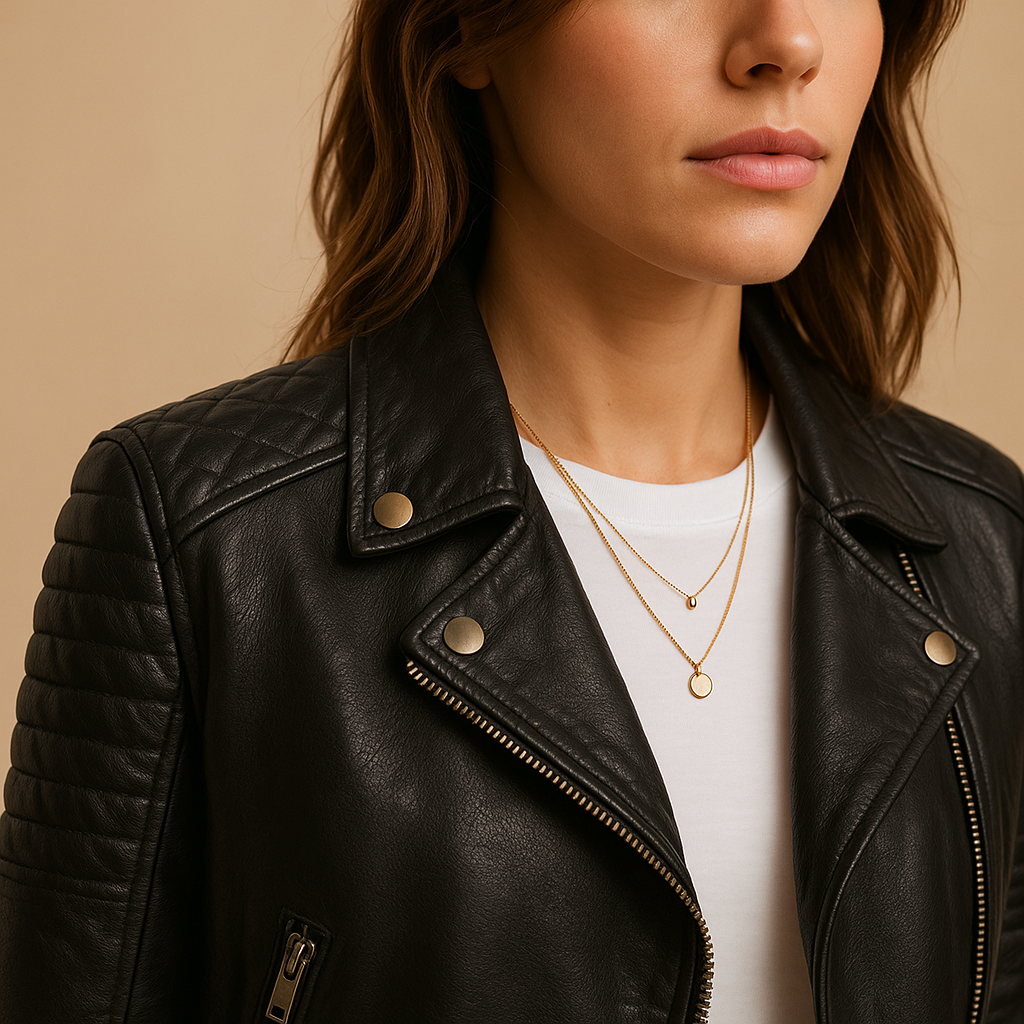 Woman wearing a black tailored jacket for women with a sleek fit, classic collar, and zipper closure, styled for casual and polished looks.