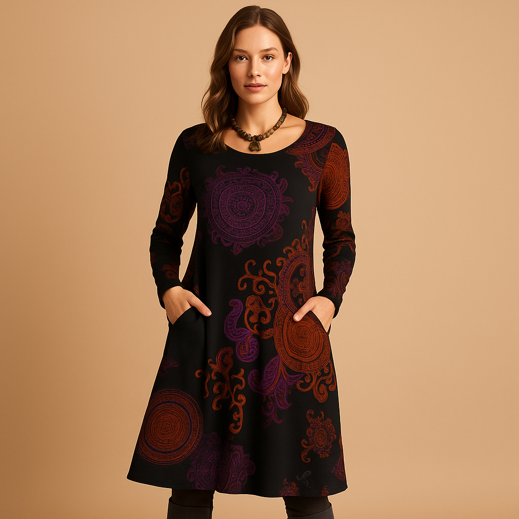 Bohemian maxi dress for women with long sleeves and loose flowing fit, ideal for casual outings, relaxed evenings, and everyday boho style.