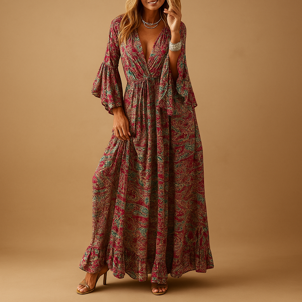 Boho maxi dress for women with flowing long silhouette and feminine bohemian style, ideal for summer days, parties, weddings, and casual outings.