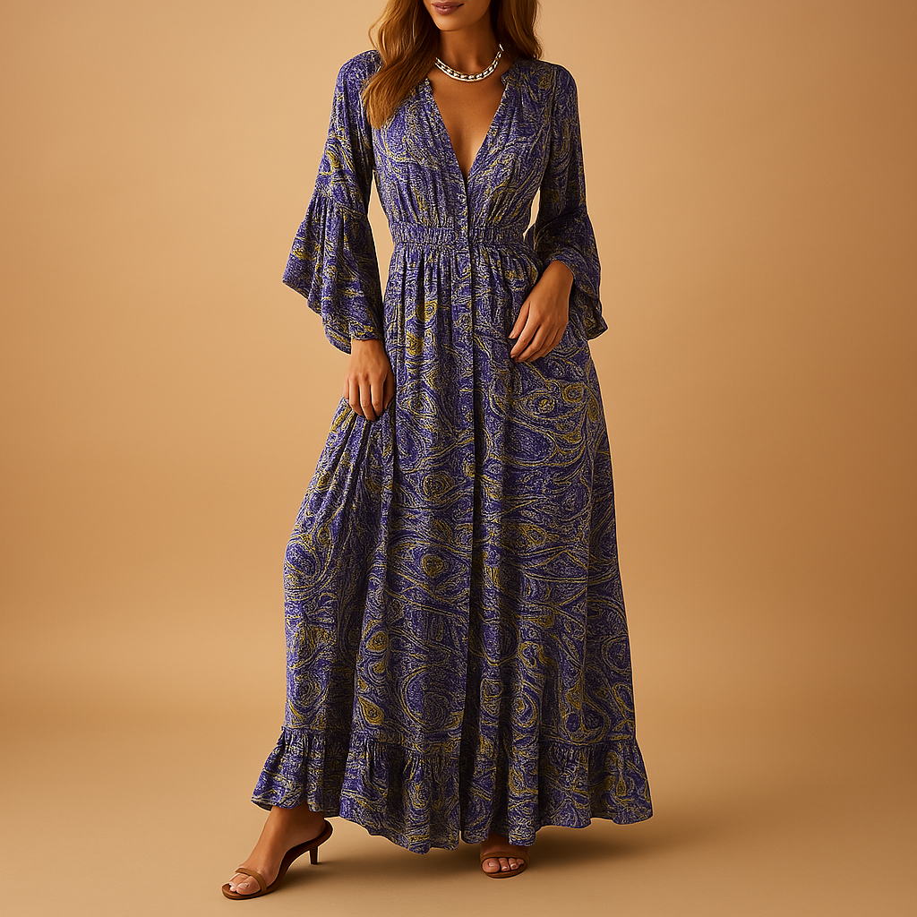 Boho maxi dress for women with flowing long silhouette and feminine bohemian style, ideal for summer days, parties, weddings, and casual outings.