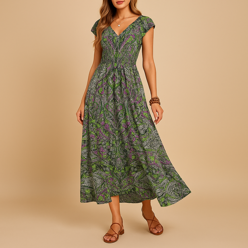 Women’s boho maxi summer dress with high waist and flowing fit, ideal for beach days, festivals, vacations, and relaxed summer outfits.