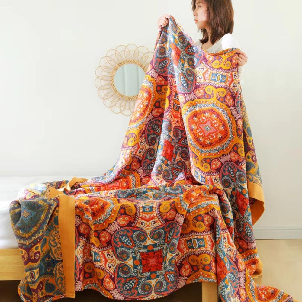 Boho Throw Blanket with Reversible Mandala Pattern and Soft Woven Cotton - Image 1