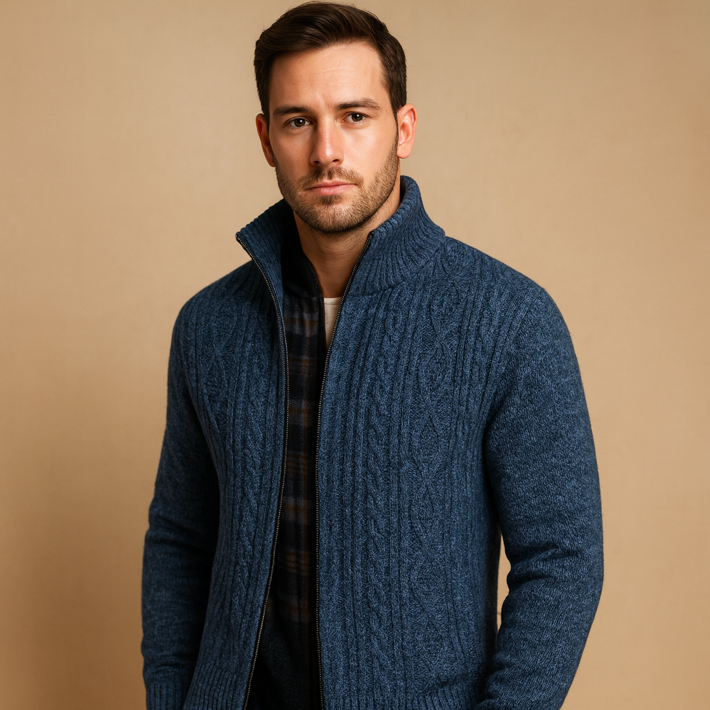 Men’s cable knit sweater with soft check lining, designed for warmth and versatile styling during autumn and winter.