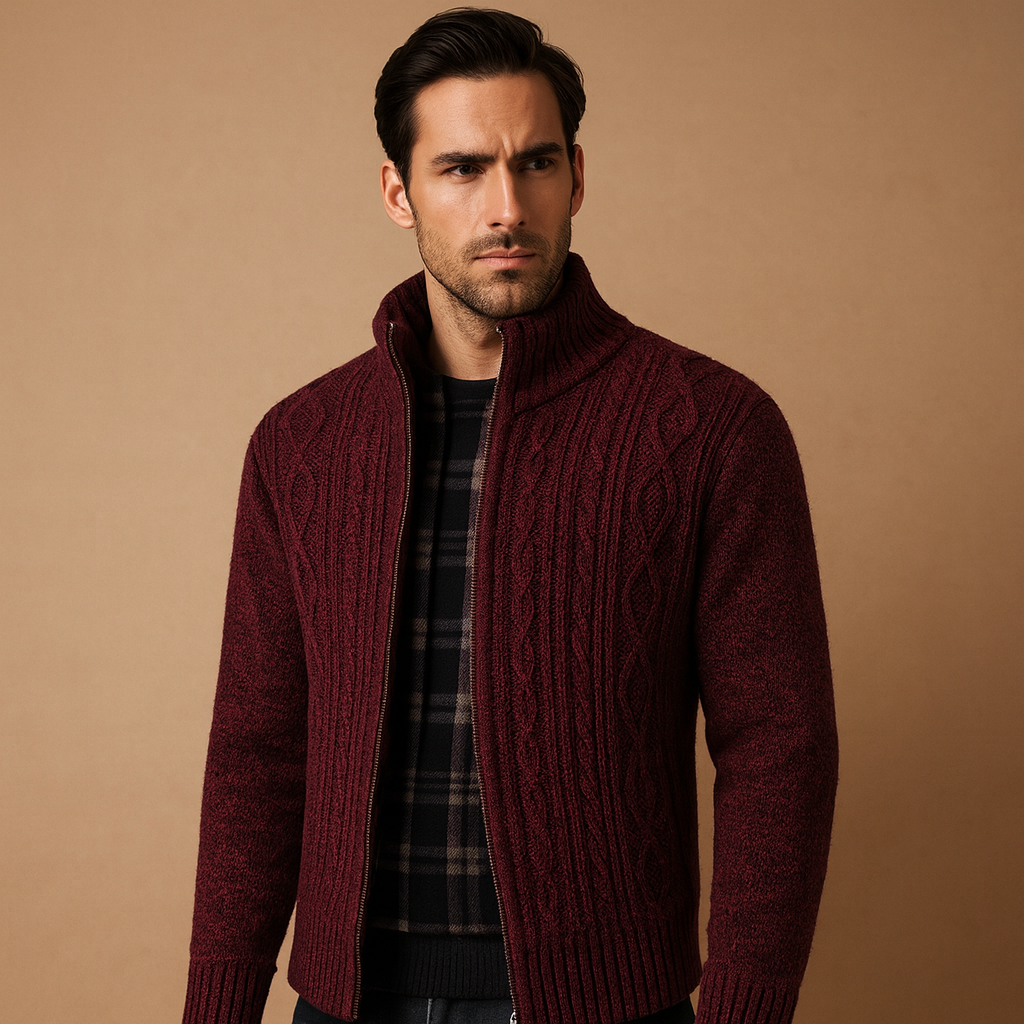 Men’s cable knit sweater with soft check lining, designed for warmth and versatile styling during autumn and winter.